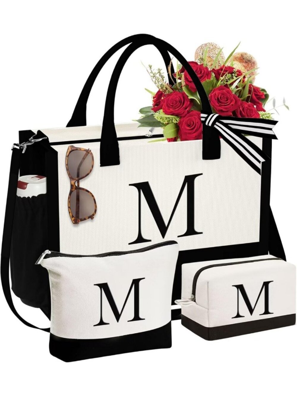 Personalized Initial Canvas Tote & Makeup Bag Set - Perfect Gift for Women